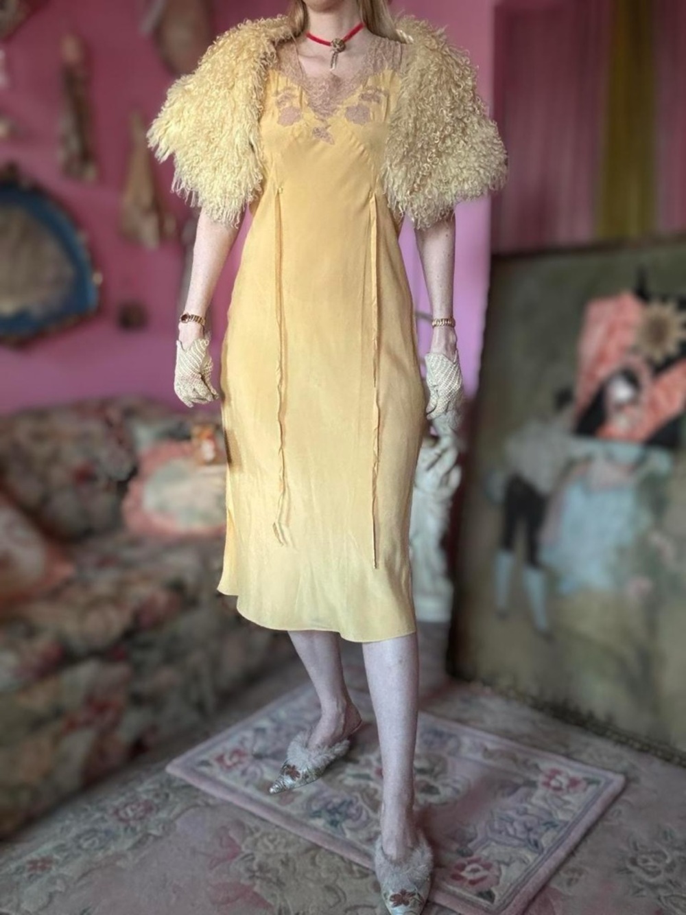 1930s Butter Yellow Bias Cut Rayon Slip Dress, Size M-L - Picture 3 of 8